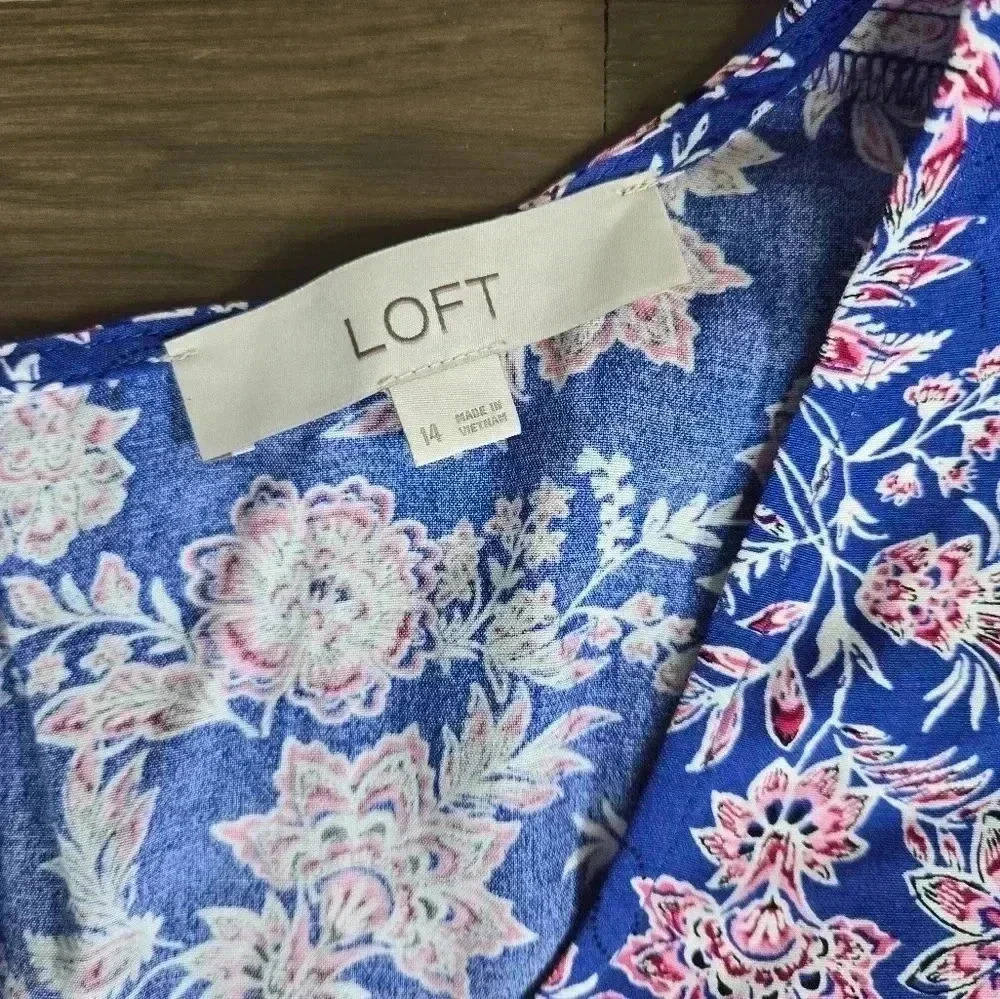 LOFT Floral Print Blue mini dress feminine puff short sleeve  sz 14 - Picture 4 of 10